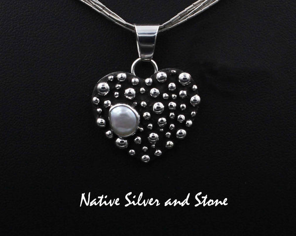 Z Akee Douglas - Navajo<br>1" Pendant<br>Bubble Beads<br>Heart with White Pearl<br>Oxidized Sterling Silver<br>No Cross