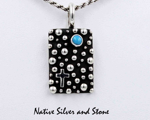 Z Akee Douglas - Navajo<br>1-1/16" Pendant (Only)<br>Silver Bubbles -Rectangle<br>Turquoise Dot<br>Oxidized Sterling Silver<br>With Cross