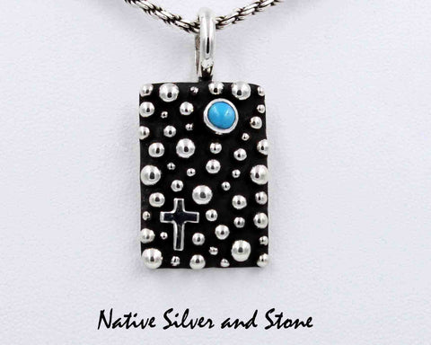Z Akee Douglas - Navajo<br>1-1/16" Pendant (Only)<br>Silver Bubbles -Rectangle<br>Turquoise Dot<br>Oxidized Sterling Silver<br>With Cross