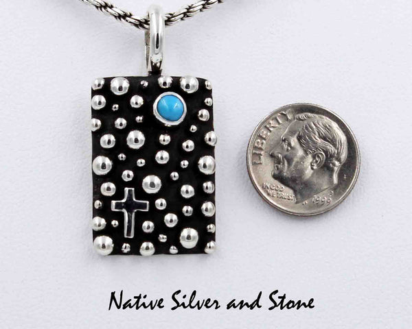 Z Akee Douglas - Navajo<br>1-1/16" Pendant (Only)<br>Silver Bubbles -Rectangle<br>Turquoise Dot<br>Oxidized Sterling Silver<br>With Cross