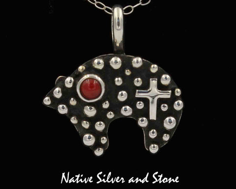 Z Akee Douglas - Navajo<br>3/4" Pendant<br>Bubble Beads<br>Bear & Cross<br>Coral (Red)<br>Oxidized Sterling Silver<br>With Cross