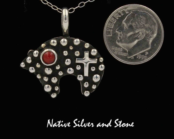 Z Akee Douglas - Navajo<br>3/4" Pendant<br>Bubble Beads<br>Bear & Cross<br>Coral (Red)<br>Oxidized Sterling Silver<br>With Cross