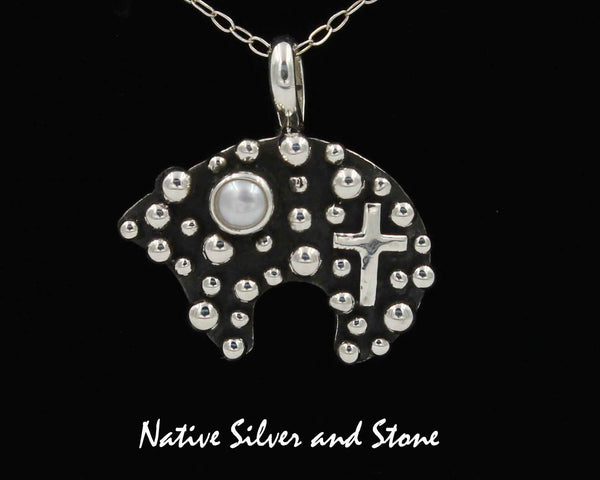 Z Akee Douglas - Navajo<br>3/4" Pendant<br>Bubble Beads<br>Bear & Cross<br>Pearl (White)<br>Oxidized Sterling Silver