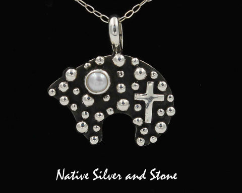 Z Akee Douglas - Navajo<br>3/4" Pendant<br>Bubble Beads<br>Bear & Cross<br>Pearl (White)<br>Oxidized Sterling Silver