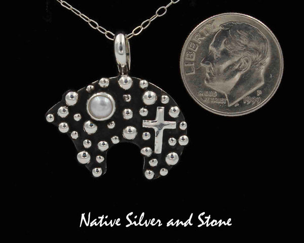 Z Akee Douglas - Navajo<br>3/4" Pendant<br>Bubble Beads<br>Bear & Cross<br>Pearl (White)<br>Oxidized Sterling Silver