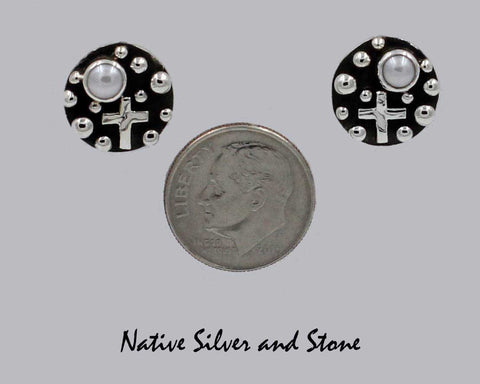 Z Akee Douglas - Navajo<br>1/2" Earrings<br>Button - Silver Bubbles <br>Pearl<br>Hook<br>Oxidized<br>Sterling Silver<br>With Cross