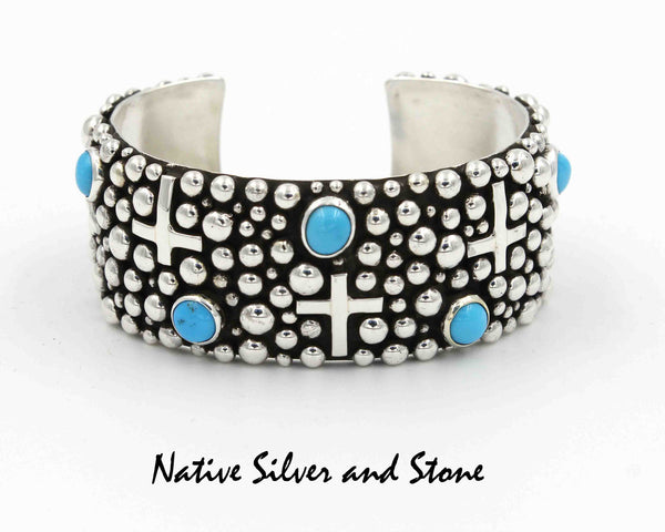 Z Akee Douglas - Navajo<br>1" Bracelet (Cuff)<br>Silver Bubbles<br>Seven Turquoise Dots<br>Oxidized<br>Sterling Silver<br>Size 6-3/4<br>With Cross