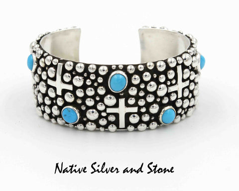 Z Akee Douglas - Navajo<br>1" Bracelet (Cuff)<br>Silver Bubbles<br>Seven Turquoise Dots<br>Oxidized<br>Sterling Silver<br>Size 6-3/4<br>With Cross