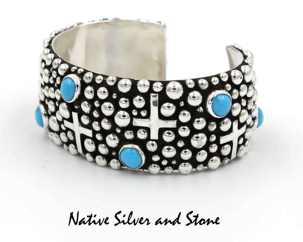 Z Akee Douglas - Navajo<br>1" Bracelet (Cuff)<br>Silver Bubbles<br>Seven Turquoise Dots<br>Oxidized<br>Sterling Silver<br>Size 6-3/4<br>With Cross