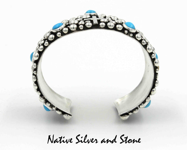 Z Akee Douglas - Navajo<br>1" Bracelet (Cuff)<br>Silver Bubbles<br>Seven Turquoise Dots<br>Oxidized<br>Sterling Silver<br>Size 6-3/4<br>With Cross