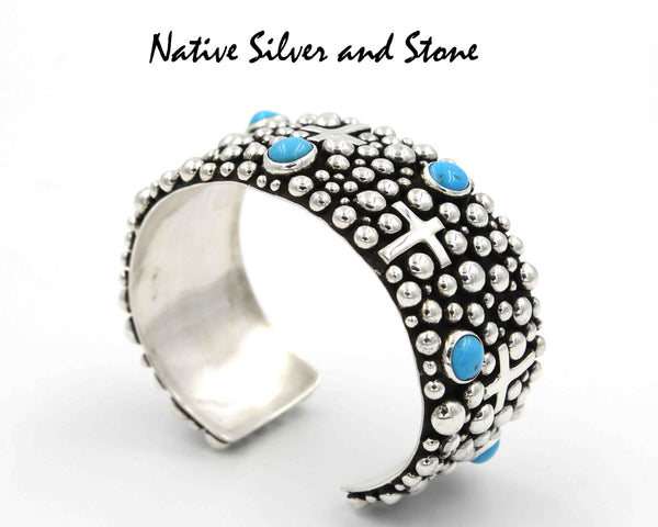 Z Akee Douglas - Navajo<br>1" Bracelet (Cuff)<br>Silver Bubbles<br>Seven Turquoise Dots<br>Oxidized<br>Sterling Silver<br>Size 6-3/4<br>With Cross