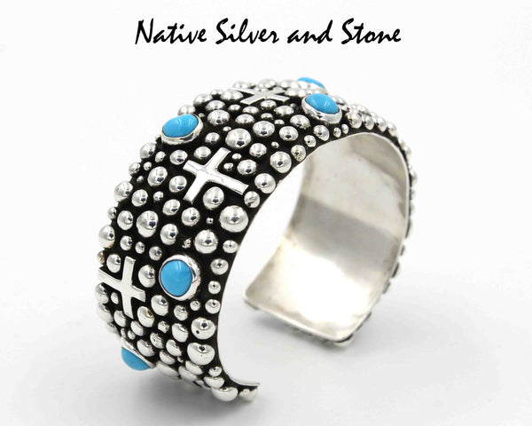 Z Akee Douglas - Navajo<br>1" Bracelet (Cuff)<br>Silver Bubbles<br>Seven Turquoise Dots<br>Oxidized<br>Sterling Silver<br>Size 6-3/4<br>With Cross