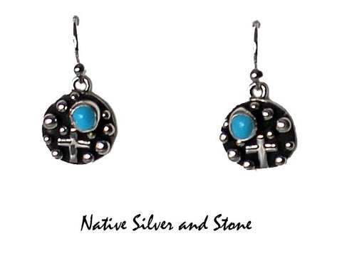 Z Akee Douglas - Navajo<br>1/2" Earrings - Round<br>Button - Silver Bubbles <br>Turquoise Dot (Blue)<br>Hook<br>Oxidized<br>Sterling Silver<br>With Crosses