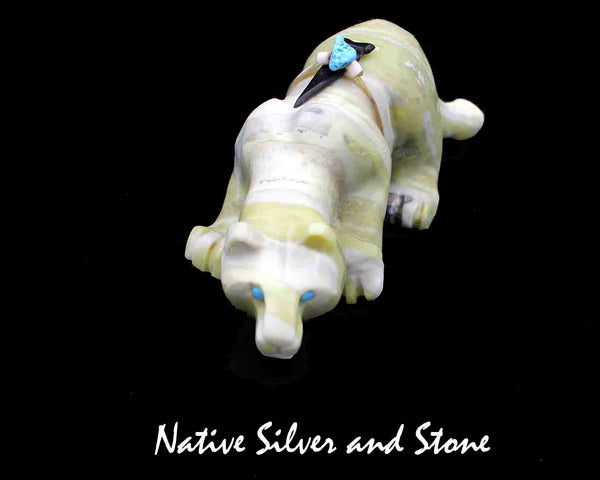 Z Mountain Lion<br>Zuni Fetish Carving<br>Albert Eustace<br>Green Banded Serpentine<br>Jet & Turquoise Bundle Accents