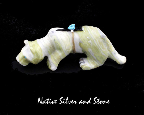 Z Mountain Lion<br>Zuni Fetish Carving<br>Albert Eustace<br>Green Banded Serpentine<br>Jet & Turquoise Bundle Accents
