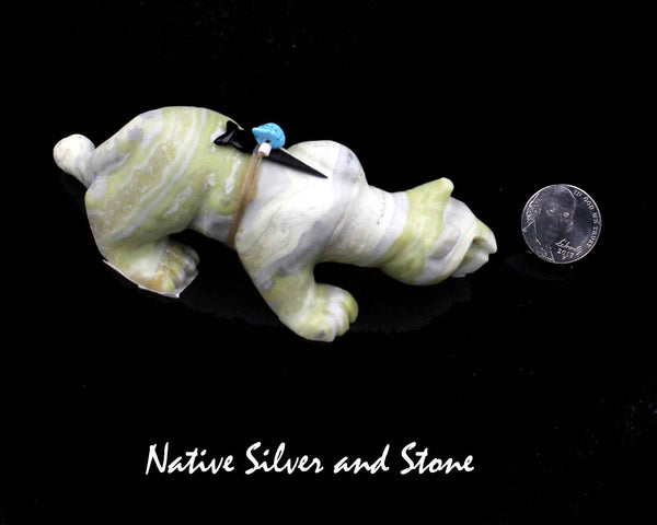 Z Mountain Lion<br>Zuni Fetish Carving<br>Albert Eustace<br>Green Banded Serpentine<br>Jet & Turquoise Bundle Accents