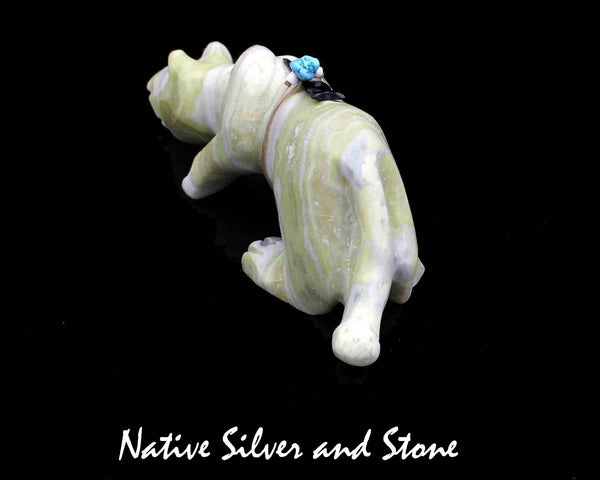 Z Mountain Lion<br>Zuni Fetish Carving<br>Albert Eustace<br>Green Banded Serpentine<br>Jet & Turquoise Bundle Accents