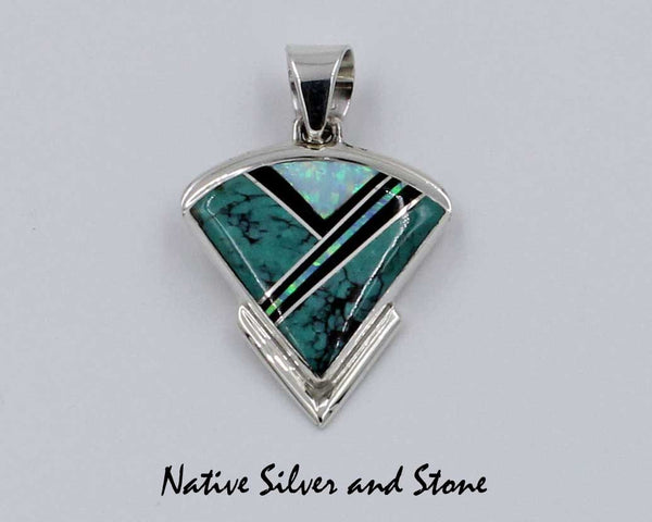 Z Albert Francisco - Navajo<br>Handmade Pendant<br>Large Arrowhead Multi-Inlay<br>Chinese Turquoise, Onyx, and Opal<br>in Sterling Silver