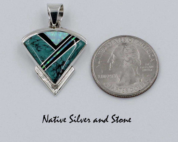 Z Albert Francisco - Navajo<br>Handmade Pendant<br>Large Arrowhead Multi-Inlay<br>Chinese Turquoise, Onyx, and Opal<br>in Sterling Silver