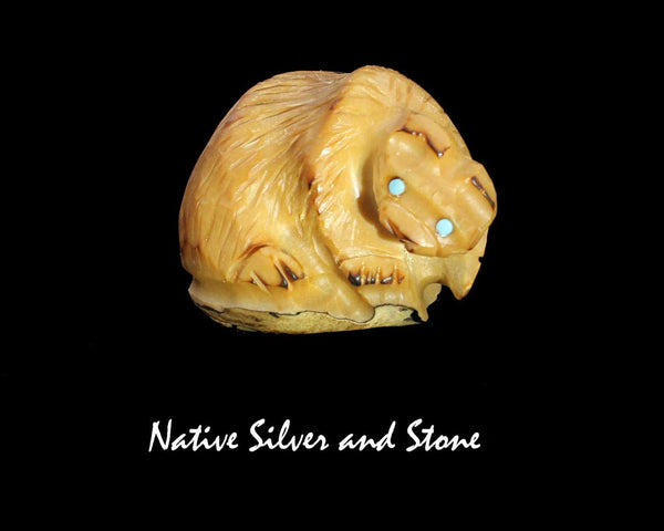 Z Bear on Fours<br> Zuni Fetish Carving<br>Alfred Lamy (Deceased)<br>Tagua Nut with Turquoise Eyes