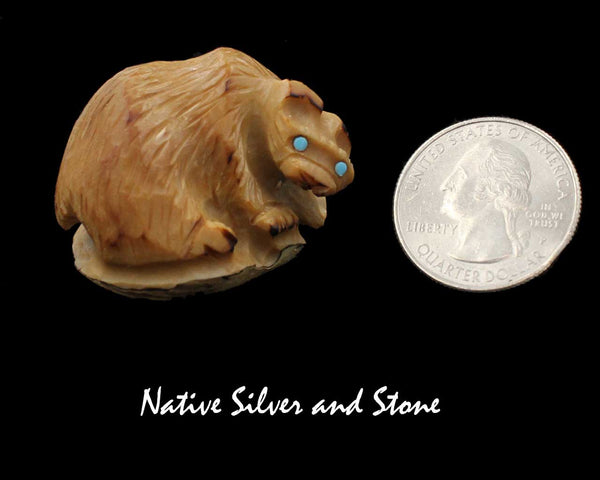 Z Bear on Fours<br> Zuni Fetish Carving<br>Alfred Lamy (Deceased)<br>Tagua Nut with Turquoise Eyes