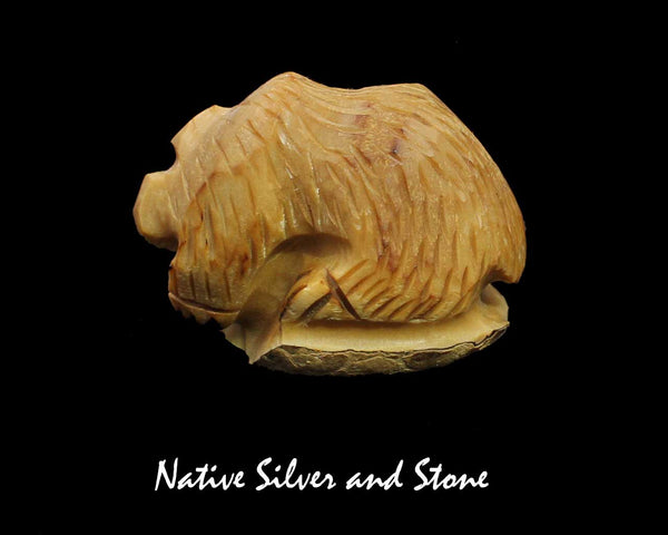 Z Bear on Fours<br> Zuni Fetish Carving<br>Alfred Lamy (Deceased)<br>Tagua Nut with Turquoise Eyes