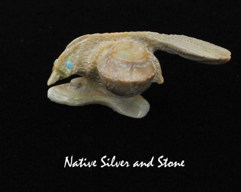 Z Roadrunner with Pot<br>Zuni Fetish Carving<br>Alvin Haloo<br>Picasso Marble w Turquoise Eyes