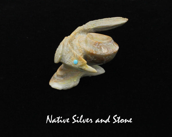 Z Roadrunner with Pot<br>Zuni Fetish Carving<br>Alvin Haloo<br>Picasso Marble w Turquoise Eyes