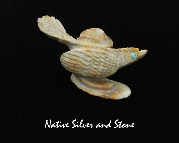 Z Roadrunner with Pot<br>Zuni Fetish Carving<br>Alvin Haloo<br>Picasso Marble w Turquoise Eyes