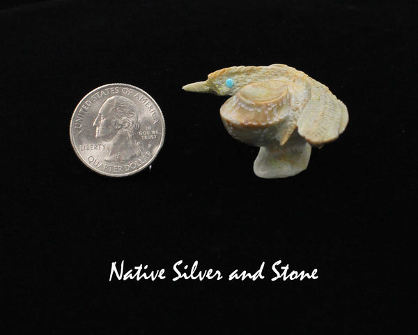 Z Roadrunner with Pot<br>Zuni Fetish Carving<br>Alvin Haloo<br>Picasso Marble w Turquoise Eyes