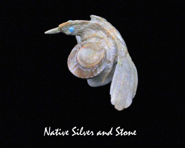 Z Roadrunner with Pot<br>Zuni Fetish Carving<br>Alvin Haloo<br>Picasso Marble w Turquoise Eyes