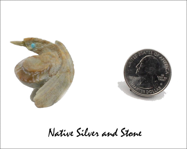 Z Roadrunner with Pot<br>Zuni Fetish Carving<br>Alvin Haloo<br>Picasso Marble w Turquoise Eyes