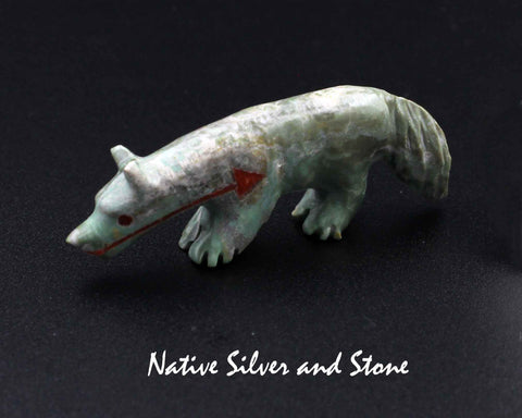 Z Bushytail-Wolf/Fox/Coyote<br>Zuni Fetish Carving<br>Andres Quandelacy<br>Variscite<br>Coral Heartline & Eyests