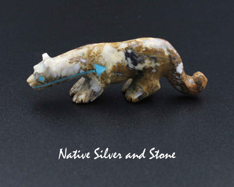 Z Mountain Lion - Zuni Fetish Carving<br>Andres Quandelacy<br>Picasso Marble<br>Relaxed Tail<br>Turquoise Heartline