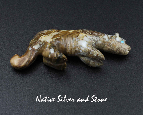 Z Mountain Lion - Zuni Fetish Carving<br>Andres Quandelacy<br>Picasso Marble<br>Relaxed Tail<br>Turquoise Heartline