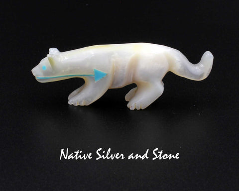 Z Mountain Lion - Zuni Fetish Carving<br>Andres Quandelacy<br>White Mother of Pearl<br>Stretched Tail<br>Turquoise Heartline