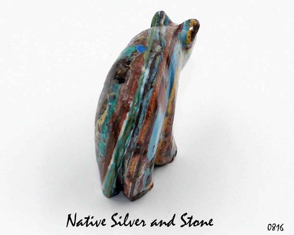 Z Bear on Fours<br>Zuni Fetish Carving<br>Andres Quandelacy<br>Rainbow Calsilica<br>with Turquoise Accents