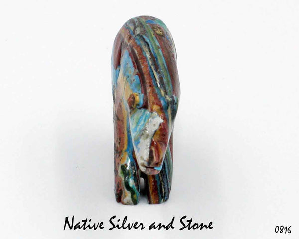 Z Bear on Fours<br>Zuni Fetish Carving<br>Andres Quandelacy<br>Rainbow Calsilica<br>with Turquoise Accents