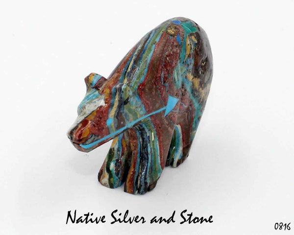 Z Bear on Fours<br>Zuni Fetish Carving<br>Andres Quandelacy<br>Rainbow Calsilica<br>with Turquoise Accents