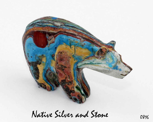 Z Bear on Fours<br>Zuni Fetish Carving<br>Andres Quandelacy<br>Rainbow Calsilica<br>with Turquoise Accents