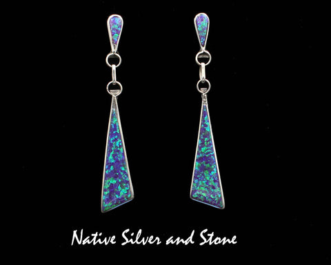 Z Angela Gasper - Zuni<br>2-1/8" Earrings - Dangle Post<br>Imitation Opal - Blue<br> Long Triangle<br>Reverse Teardrop Top<br>Sterling Silver