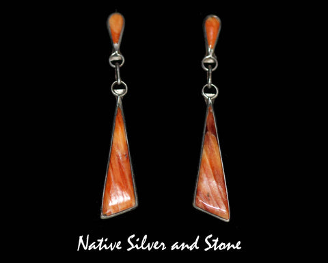 Z Angela Gasper - Zuni<br>2-1/8" Earrings<br>Orange Spiny Oyster<br>Teardrop Top & Long Triangle<br>Dangle Post<br> Sterling Silver