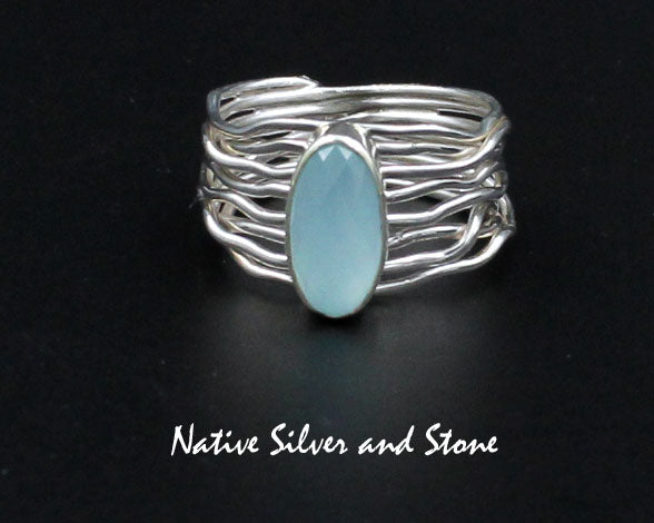 Z Angela Martin - Navajo<br>1/2" Ring<br>Faceted Chalcedony Oval<br>Branch Wire Design<br>Sterling Silver<br>Size 8