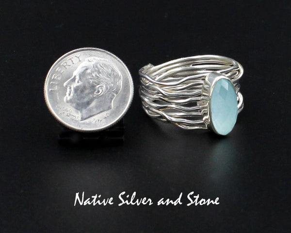Z Angela Martin - Navajo<br>1/2" Ring<br>Faceted Chalcedony Oval<br>Branch Wire Design<br>Sterling Silver<br>Size 8