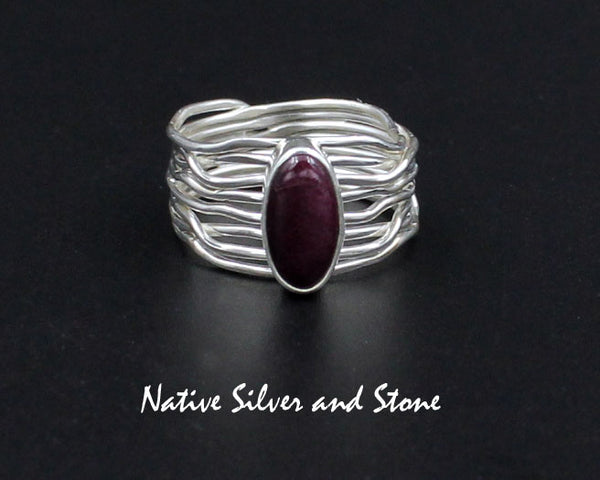 Z Angela Martin - Navajo<br>1/2" Ring<br>Purple Spiny Oval<br>Branch Wire Design<br>Sterling Silver<br>Size 8