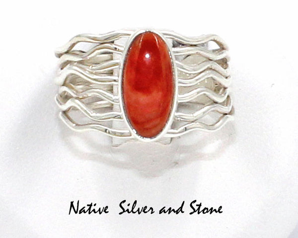 Z Angela Martin<br>Navajo Jewelry - Ring<br>Branch Sterling Silver Wires<br>Orange Spiny Oval<br>Size 7-1/2