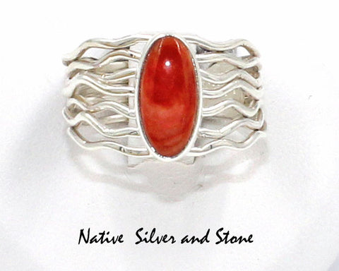 Z Angela Martin<br>Navajo Jewelry - Ring<br>Branch Sterling Silver Wires<br>Orange Spiny Oval<br>Size 7-1/2