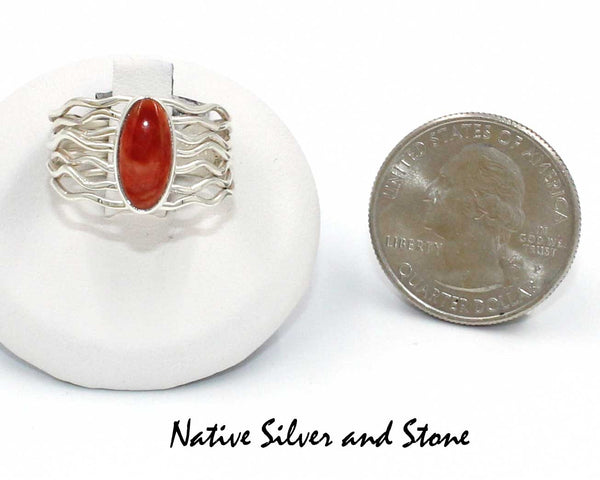 Z Angela Martin<br>Navajo Jewelry - Ring<br>Branch Sterling Silver Wires<br>Orange Spiny Oval<br>Size 7-1/2