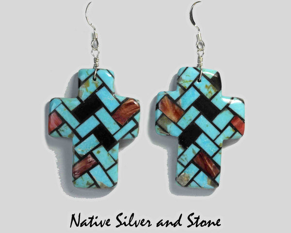 Z Angie Reano Owen<br>Ke-Wa/Santo Domingo Jewelry<br>Earrings - French Wire<br>Crosses of Diagonal<br>Mosaic Multi-Inlay