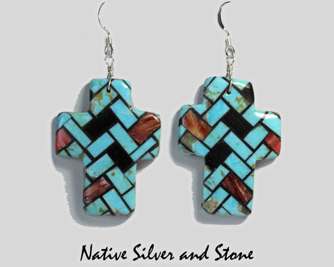 Z Angie Reano Owen<br>Ke-Wa/Santo Domingo Jewelry<br>Earrings - French Wire<br>Crosses of Diagonal<br>Mosaic Multi-Inlay